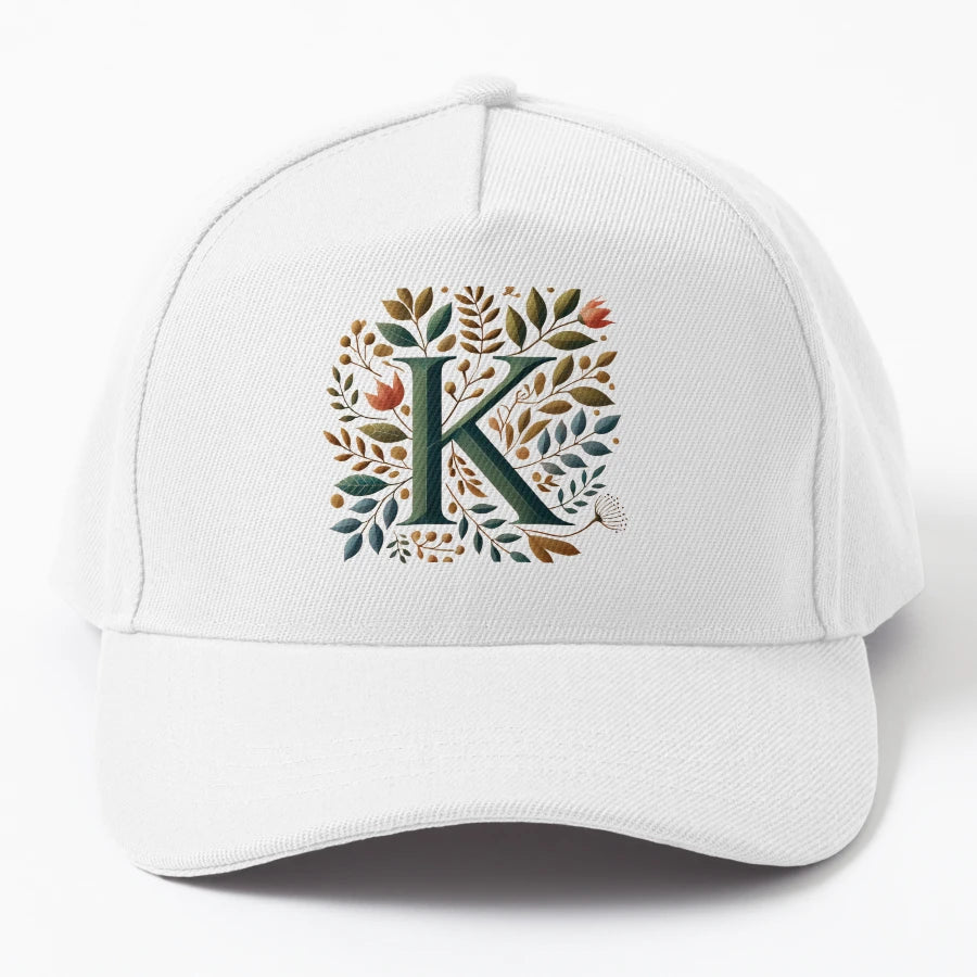 Intricate Botanical Letter K Art Print Denim Baseball Cap - Snapback, Trucker Hat, Dad Hat, Denim Baseball Cap