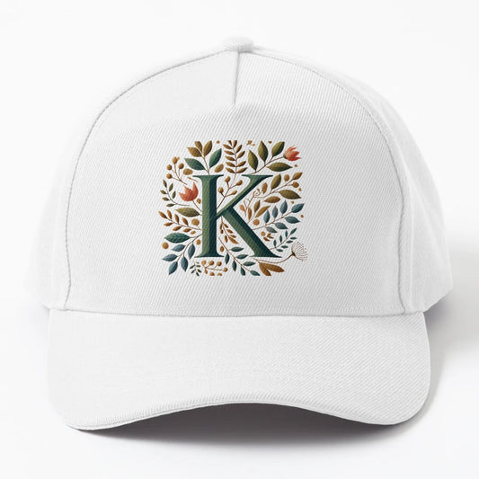 Intricate Botanical Letter K Art Print Denim Baseball Cap - Snapback, Trucker Hat, Dad Hat, Denim Baseball Cap